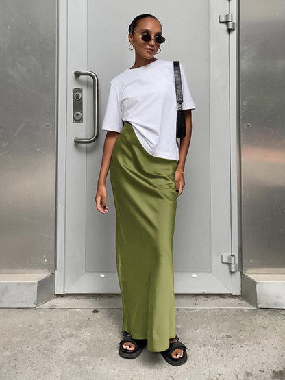 Maxi Skirts- Satin Bias High Waist Maxi Skirt- Green- Pekosa Women Clothing