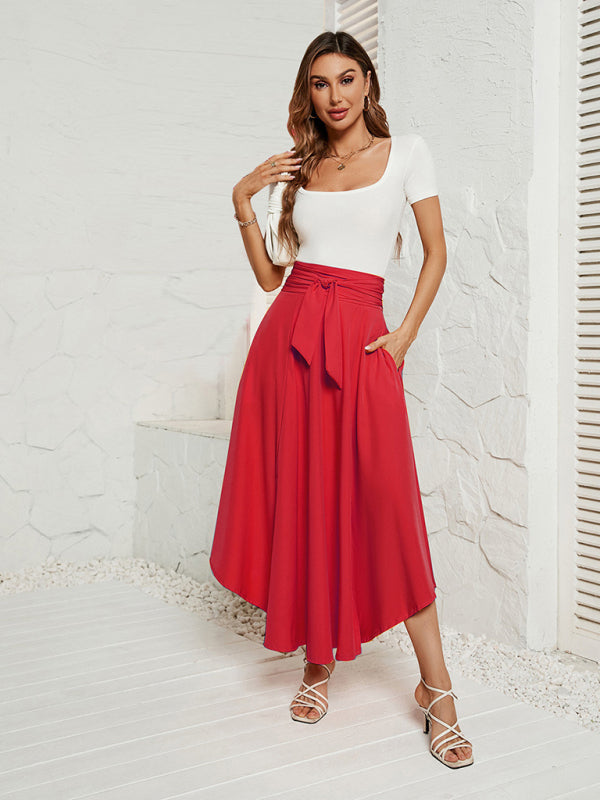 Maxi Skirts- Tie-Waist Flowy Maxi Skirt with Handy Pockets- Red- Pekosa Women Clothing