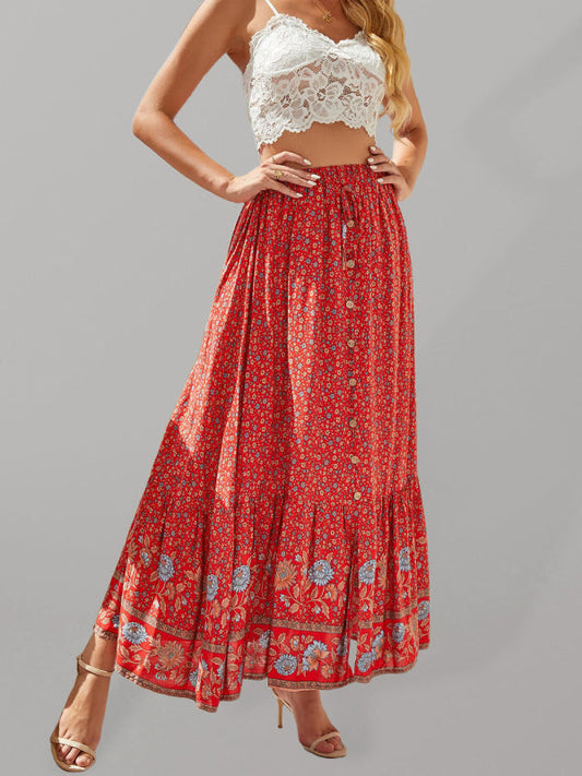 Maxi Skirts- Women's Maxi Skirt: Cotton Floral, Elastic Waistband, Button Front- Red- Pekosa Women Clothing