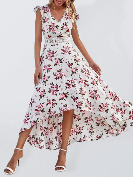 Maxi dress- Cocktail Cotton Floral V-Neck High-Low Midi Dress with Lace Accents- White- Pekosa Women Clothing