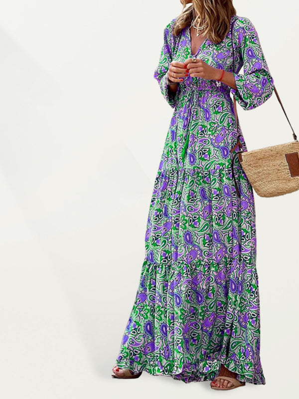 Maxi dress- Floral Tiered Long Sleeve V-Neck Vacation Maxi Dress- - Pekosa Women Clothing