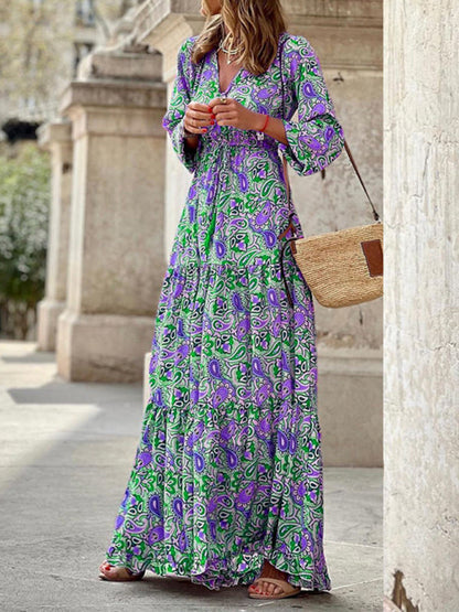 Maxi dress- Floral Tiered Long Sleeve V-Neck Vacation Maxi Dress- Green- Pekosa Women Clothing