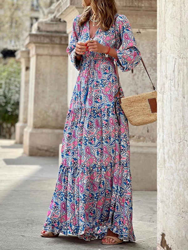 Maxi dress- Floral Tiered Long Sleeve V-Neck Vacation Maxi Dress- - Pekosa Women Clothing