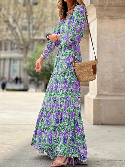 Maxi dress- Floral Tiered Long Sleeve V-Neck Vacation Maxi Dress- - Pekosa Women Clothing