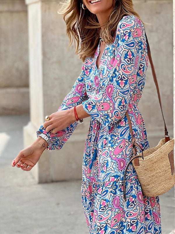 Maxi dress- Floral Tiered Long Sleeve V-Neck Vacation Maxi Dress- - Pekosa Women Clothing