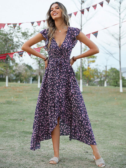 Maxi dress- Floral V-Neck High-Low Wrap Midi Dress- - Pekosa Women Clothing