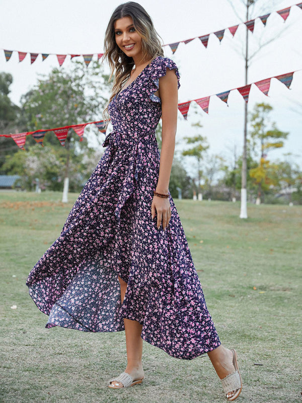 Maxi dress- Floral V-Neck High-Low Wrap Midi Dress- - Pekosa Women Clothing