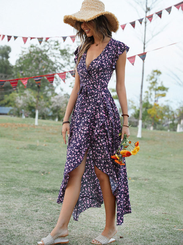 Maxi dress- Floral V-Neck High-Low Wrap Midi Dress- - Pekosa Women Clothing