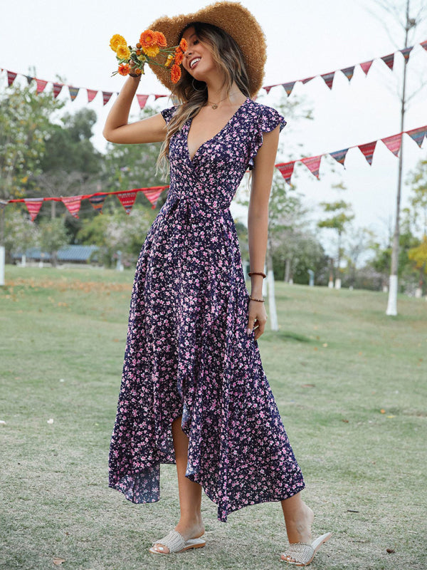 Maxi dress- Floral V-Neck High-Low Wrap Midi Dress- Purple Navy Blue- Pekosa Women Clothing