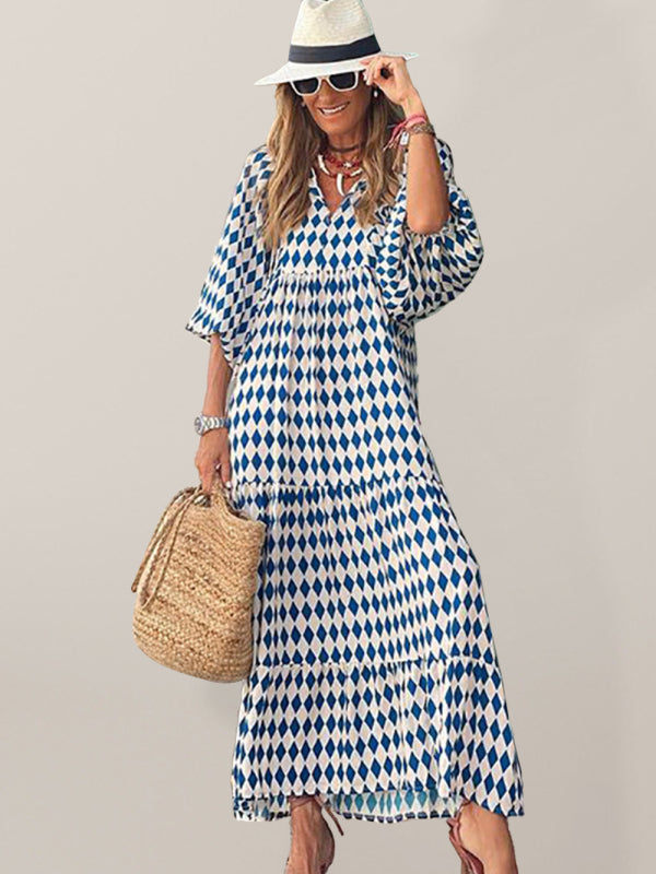 Maxi dress- Geometric Print Puff Sleeve Tiered Holiday Maxi dress- Sky blue azure- Pekosa Women Clothing