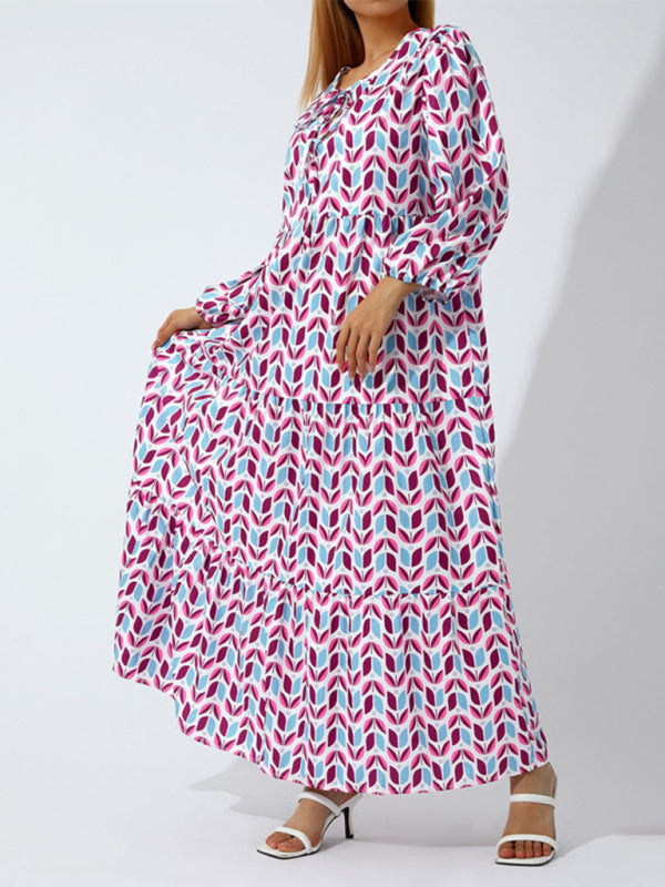 Maxi dress- Geometric Print Puff Sleeve Tiered Holiday Maxi dress- Suit 5- Pekosa Women Clothing