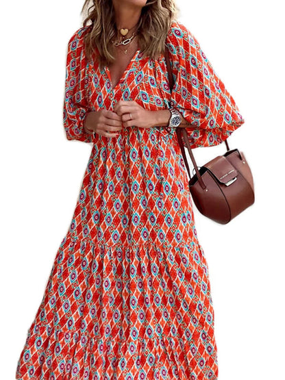 Maxi dress- Geometric Print Puff Sleeve Tiered Holiday Maxi dress- - Pekosa Women Clothing