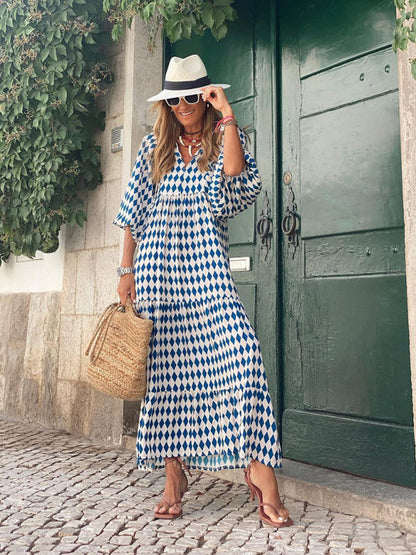 Maxi dress- Geometric Print Puff Sleeve Tiered Holiday Maxi dress- - Pekosa Women Clothing