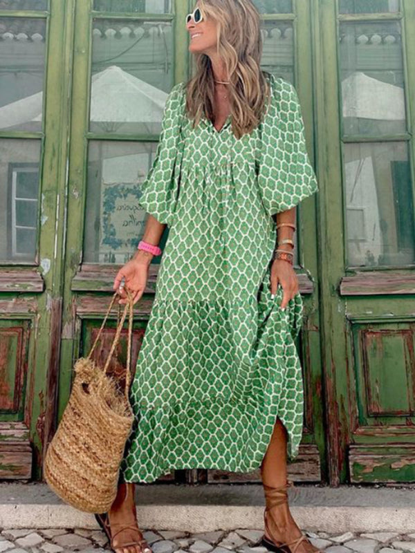 Maxi dress- Geometric Print Puff Sleeve Tiered Holiday Maxi dress- Green- Pekosa Women Clothing