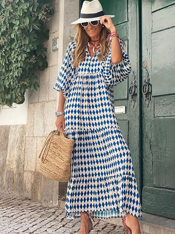 Maxi dress- Geometric Print Puff Sleeve Tiered Holiday Maxi dress- - Pekosa Women Clothing