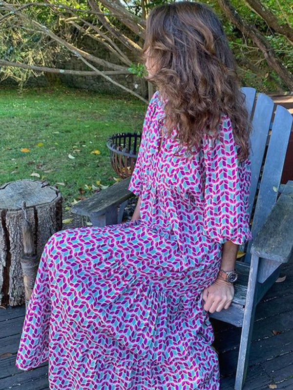 Maxi dress- Geometric Print Puff Sleeve Tiered Holiday Maxi dress- Violet- Pekosa Women Clothing