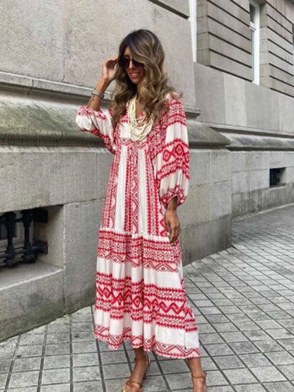 Maxi dress- Geometric Print Puff Sleeve Tiered Holiday Maxi dress- Wine Red- Pekosa Women Clothing