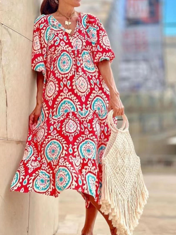 Maxi dress- Geometric Print Puff Sleeve Tiered Holiday Maxi dress- - Pekosa Women Clothing