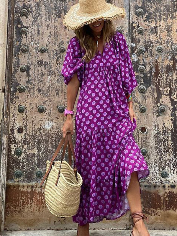 Maxi dress- Geometric Print Puff Sleeve Tiered Holiday Maxi dress- Purple- Pekosa Women Clothing