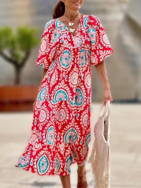 Maxi dress- Geometric Print Puff Sleeve Tiered Holiday Maxi dress- Suit 4- Pekosa Women Clothing