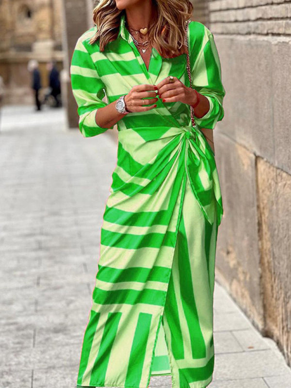 Maxi dress- Lantern Sleeve Waist Tie Wrap Maxi dress- Fruit green- Pekosa Women Clothing