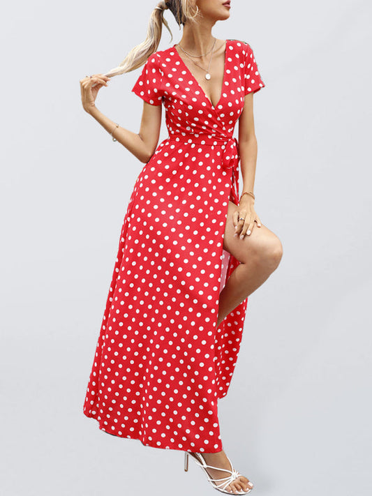 Maxi dress- Polka Dot Cotton Wrap Maxi Dress- Red- Pekosa Women Clothing