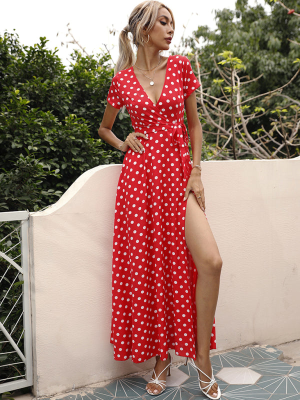 Maxi dress- Polka Dot Cotton Wrap Maxi Dress- - Pekosa Women Clothing