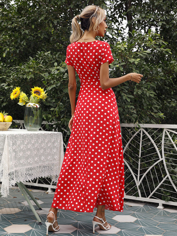 Maxi dress- Polka Dot Cotton Wrap Maxi Dress- - Pekosa Women Clothing