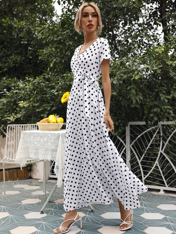 Maxi dress- Polka Dot Cotton Wrap Maxi Dress- - Pekosa Women Clothing