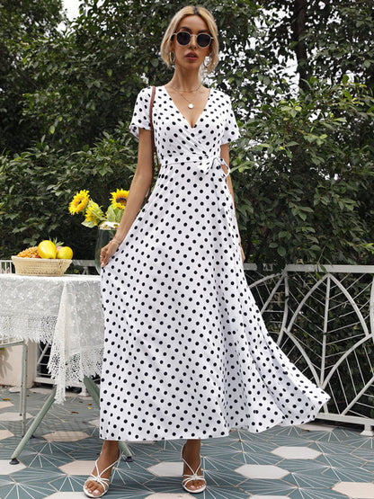 Maxi dress- Polka Dot Cotton Wrap Maxi Dress- - Pekosa Women Clothing