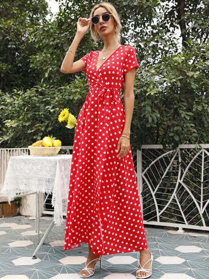 Maxi dress- Polka Dot Cotton Wrap Maxi Dress- - Pekosa Women Clothing