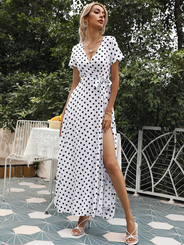 Maxi dress- Polka Dot Cotton Wrap Maxi Dress- - Pekosa Women Clothing