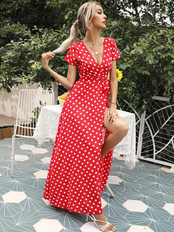 Maxi dress- Polka Dot Cotton Wrap Maxi Dress- - Pekosa Women Clothing