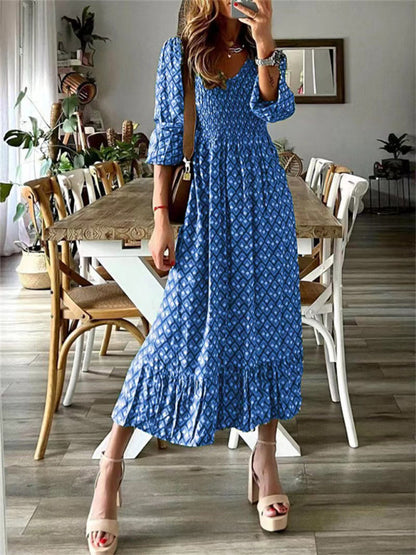 Maxi dress- Vibrant V-Neck Springtime Maxi Dress- Blue- Pekosa Women Clothing