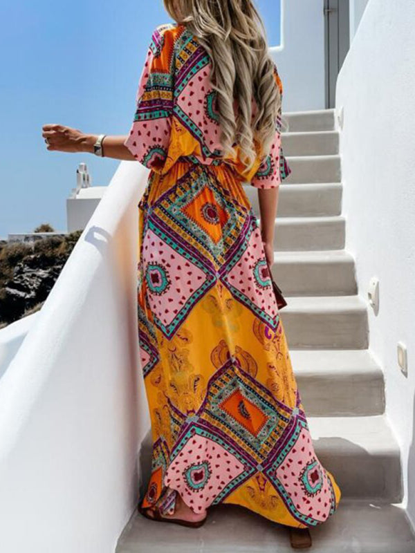 Maxi dresses- Beach Vacation Geometric Belted Wrap Maxi Dress- - Pekosa Women Clothing