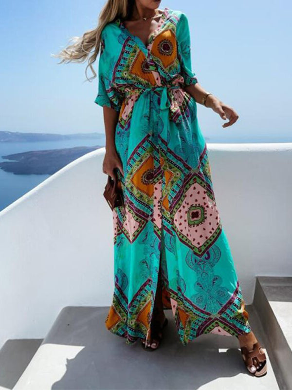 Maxi dresses- Beach Vacation Geometric Belted Wrap Maxi Dress- - Pekosa Women Clothing