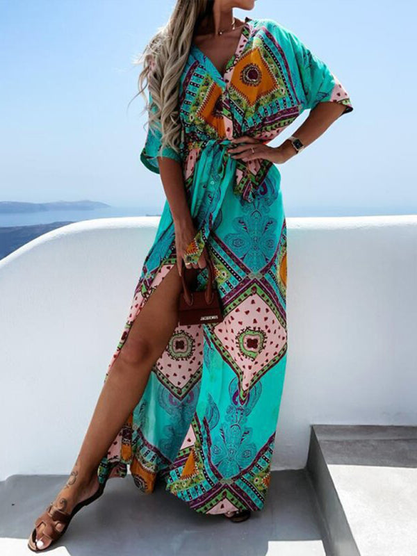 Maxi dresses- Beach Vacation Geometric Belted Wrap Maxi Dress- - Pekosa Women Clothing