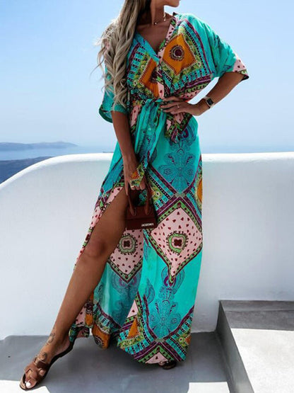 Maxi dresses- Beach Vacation Geometric Belted Wrap Maxi Dress- - Pekosa Women Clothing