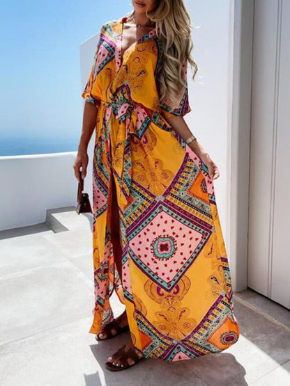 Maxi dresses- Beach Vacation Geometric Belted Wrap Maxi Dress- - Pekosa Women Clothing