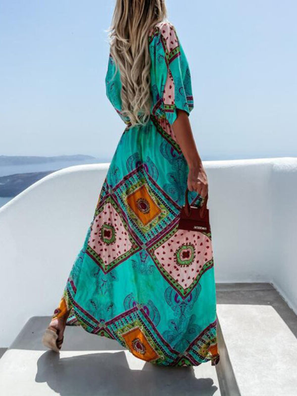 Maxi dresses- Beach Vacation Geometric Belted Wrap Maxi Dress- - Pekosa Women Clothing