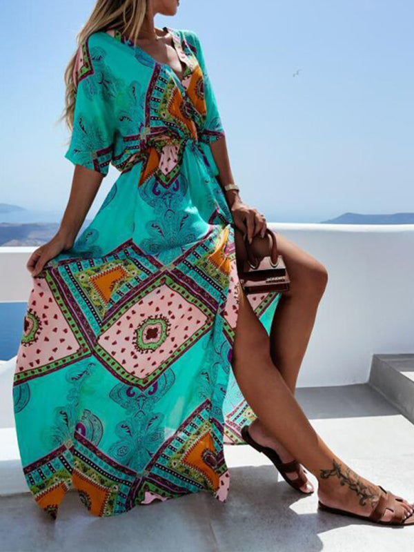 Maxi dresses- Beach Vacation Geometric Belted Wrap Maxi Dress- - Pekosa Women Clothing