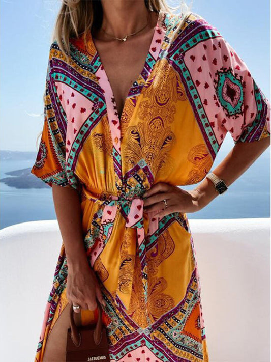 Maxi dresses- Beach Vacation Geometric Belted Wrap Maxi Dress- Orange- Pekosa Women Clothing