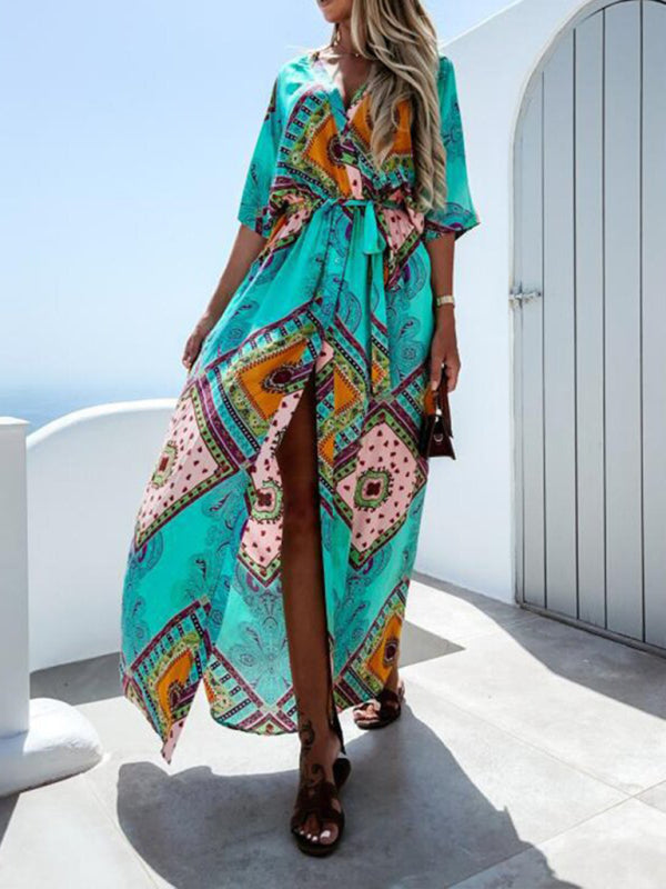 Maxi dresses- Beach Vacation Geometric Belted Wrap Maxi Dress- - Pekosa Women Clothing