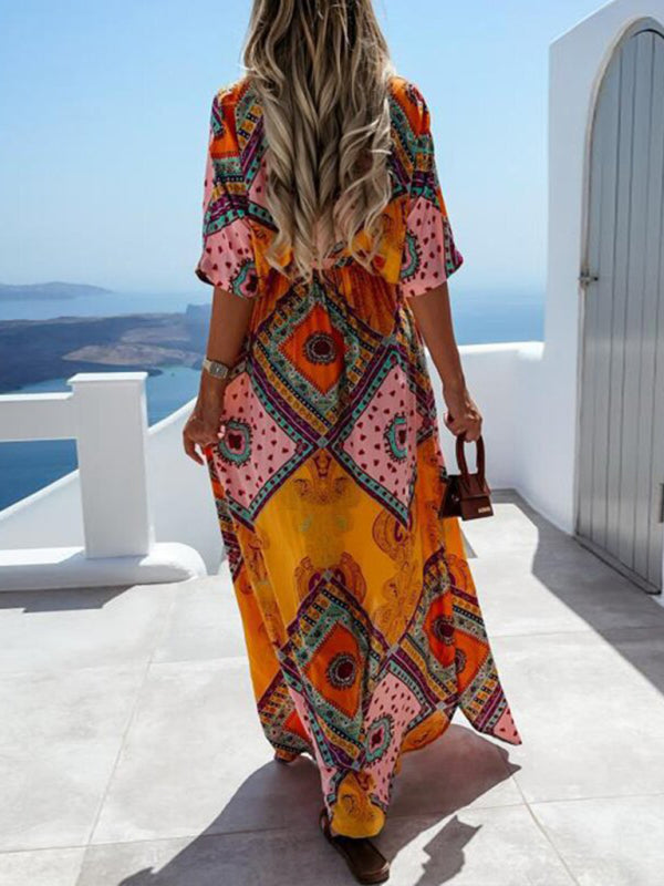 Maxi dresses- Beach Vacation Geometric Belted Wrap Maxi Dress- - Pekosa Women Clothing