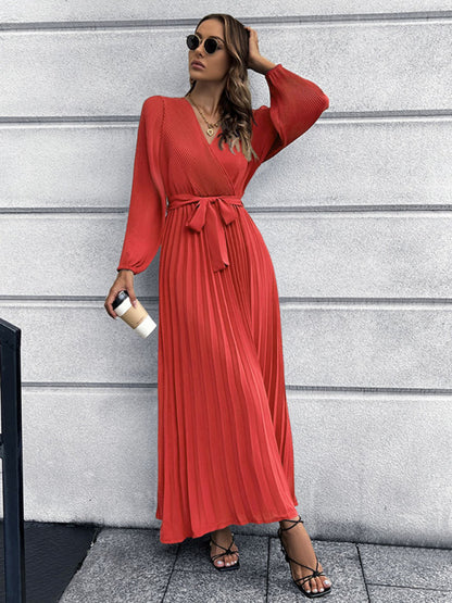 Maxi dresses- Elegant Autumn Long Sleeve Surplice Neck Plisse Belt-Tie Maxi Dress- - Pekosa Women Clothing