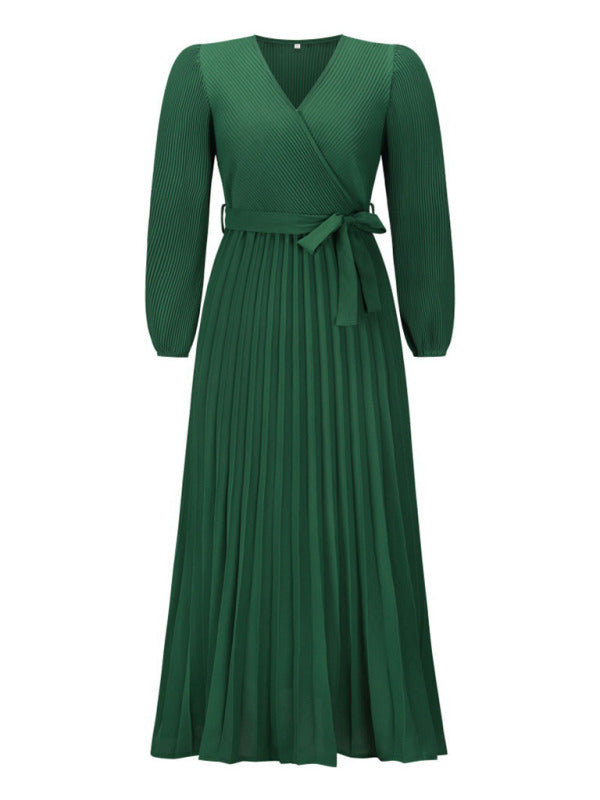 Maxi dresses- Elegant Autumn Long Sleeve Surplice Neck Plisse Belt-Tie Maxi Dress- - Pekosa Women Clothing