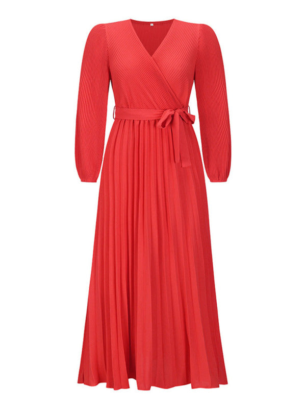 Maxi dresses- Elegant Autumn Long Sleeve Surplice Neck Plisse Belt-Tie Maxi Dress- - Pekosa Women Clothing