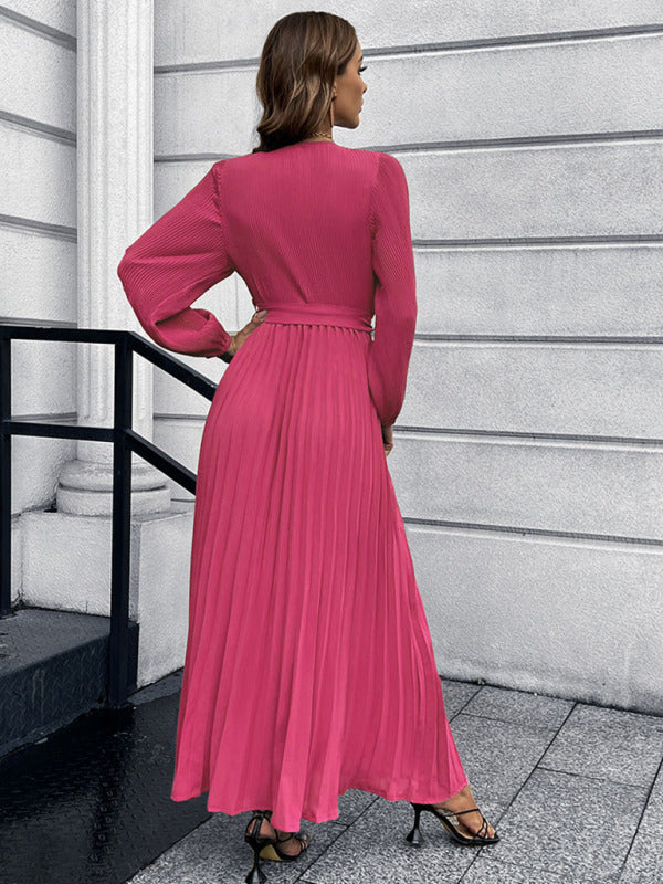 Maxi dresses- Elegant Autumn Long Sleeve Surplice Neck Plisse Belt-Tie Maxi Dress- - Pekosa Women Clothing