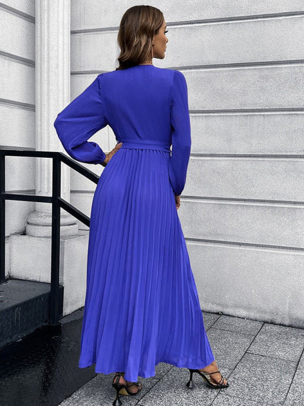 Maxi dresses- Elegant Autumn Long Sleeve Surplice Neck Plisse Belt-Tie Maxi Dress- - Pekosa Women Clothing