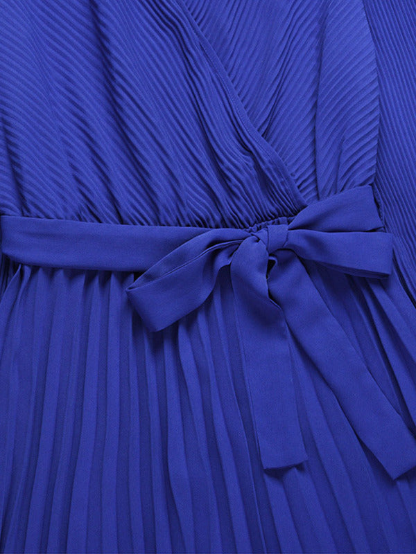 Maxi dresses- Elegant Autumn Long Sleeve Surplice Neck Plisse Belt-Tie Maxi Dress- - Pekosa Women Clothing
